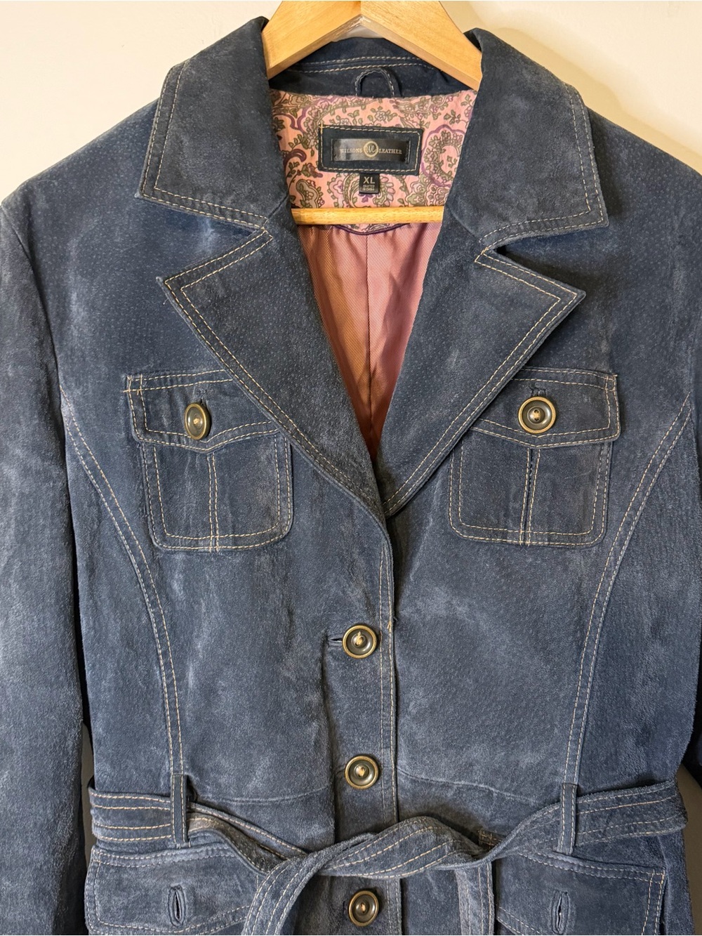 Wilsons Leather Genuine Suede Belted Safari Jacket Blue Women’s XL Coat Winter - Picture 2 of 13